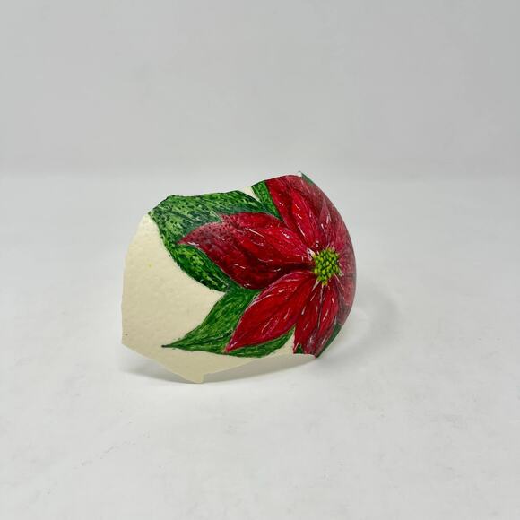 Hand Painted Red Poinsettia Flower Partial Ostrich Egg Signed Nebraska Artist - Picture 2 of 6